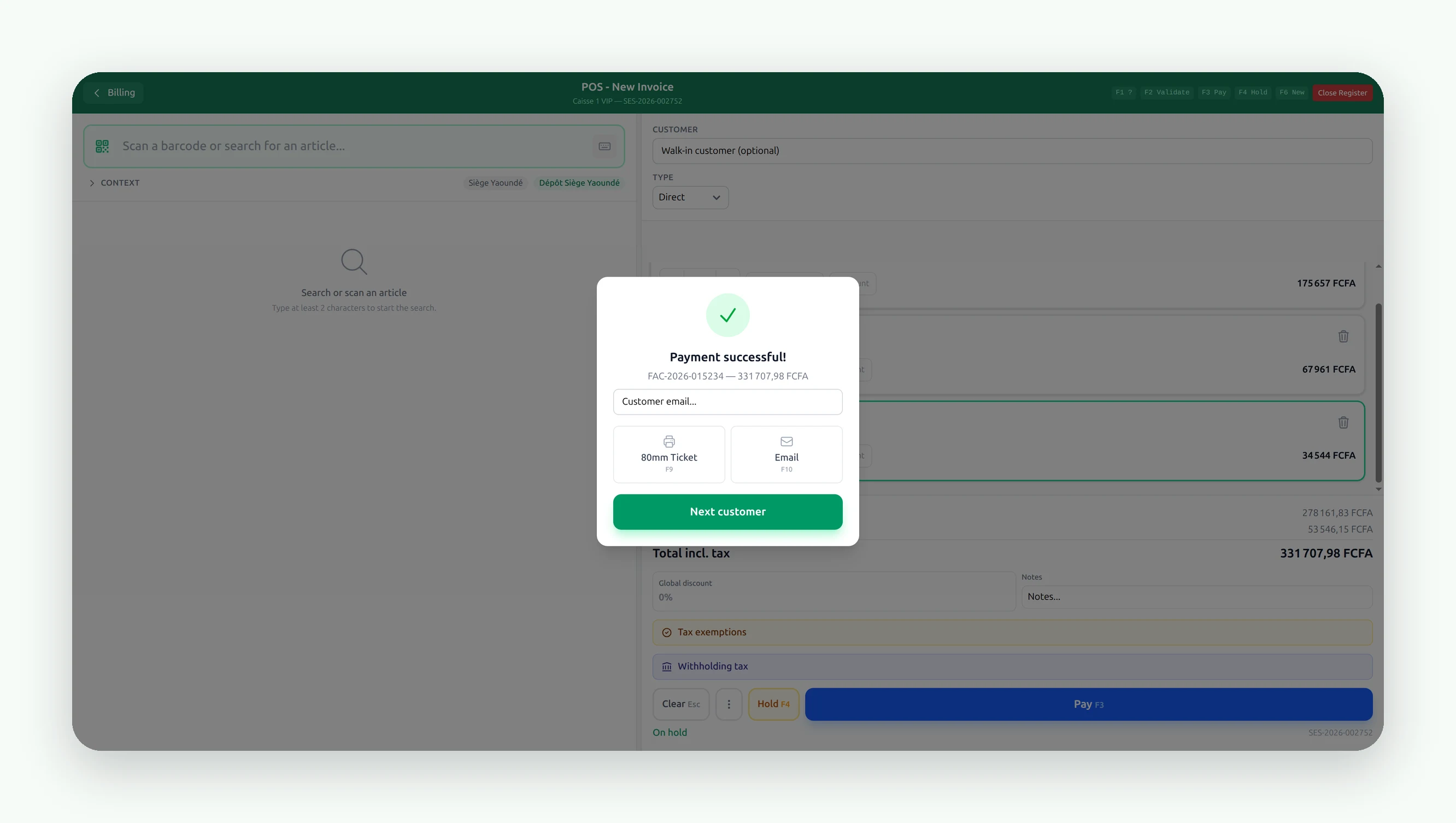 Payment complete: receipt, email, next customer